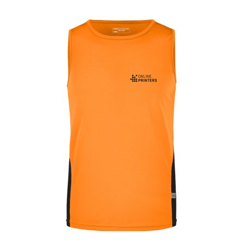 Orange polyester tank top for men with black side panels.