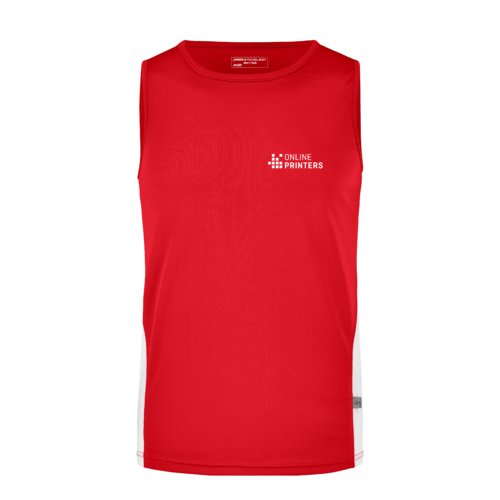 Red and white polyester tank top for men.