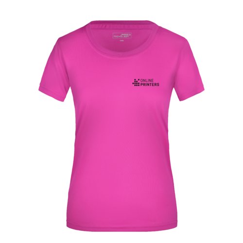 Pink polyester T-shirt for women with short sleeves.