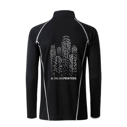 Black and white polyester long-sleeve shirt for men.