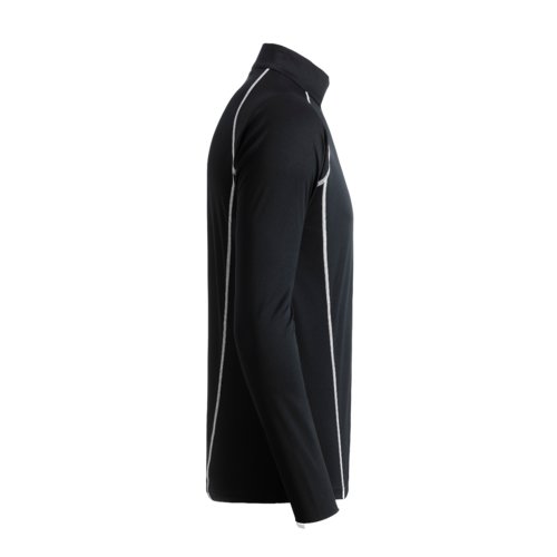Black and white polyester long-sleeve shirt with athletic cut.