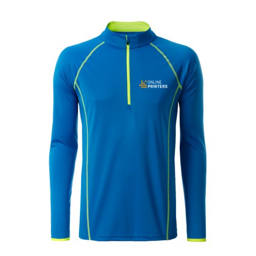 Blue and neon yellow polyester long-sleeve shirt with short zipper.