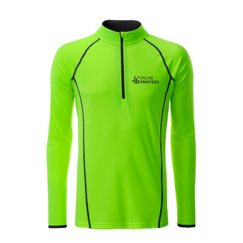 Neon green polyester long sleeve shirt with a short zipper.