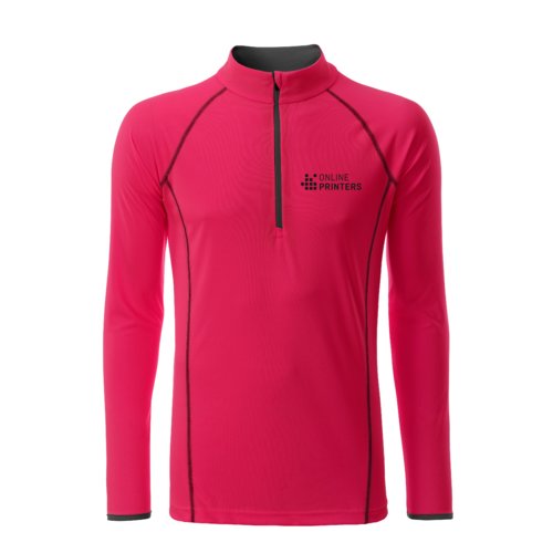 Neon pink/gray polyester long sleeve shirt with zipper.