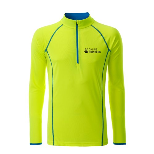 Neon yellow polyester long sleeve shirt with short zipper.
