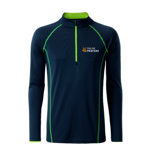 Navy blue polyester functional long-sleeved shirt with a short zipper.