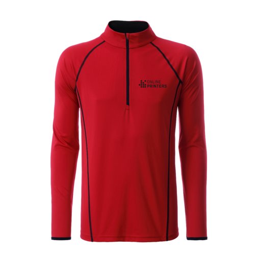 Red polyester long sleeve shirt with zipper.