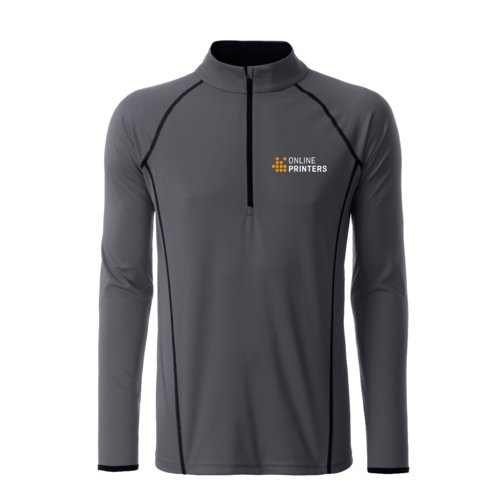 Dark gray polyester long sleeve shirt with short zipper.