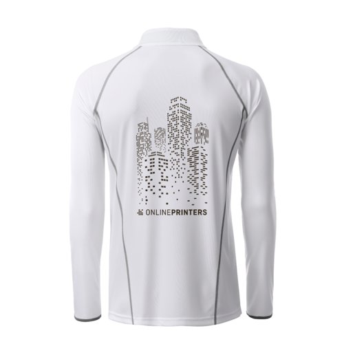 White polyester long-sleeve shirt for men with silver details.