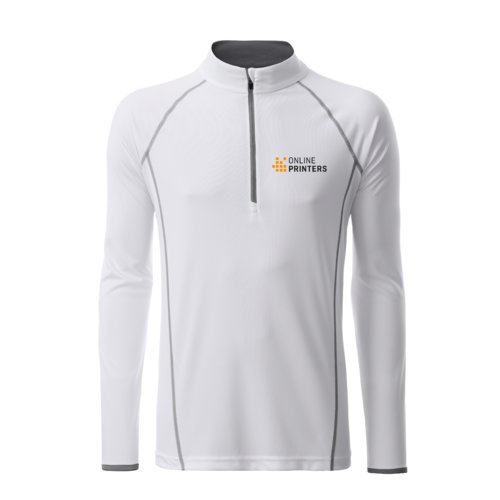 White polyester long sleeve shirt with zipper.