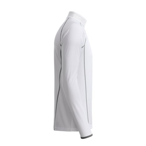 White polyester long-sleeved shirt for men with stand-up collar.