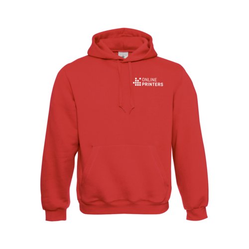 Red men's cotton-blend hoodie with kangaroo pocket.