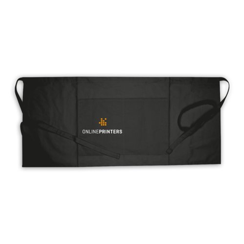 Black cotton apron with adjustable straps and pockets.