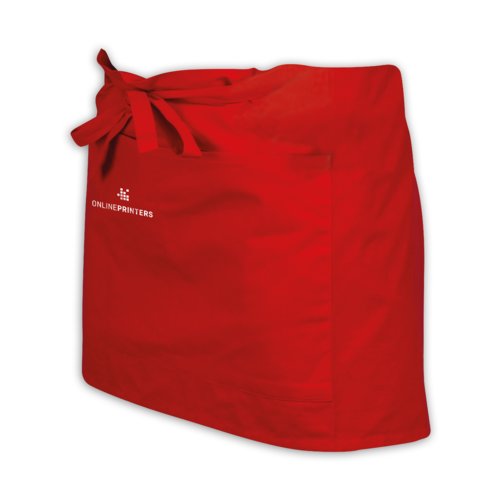 Red cotton apron with a patch pocket and ties.