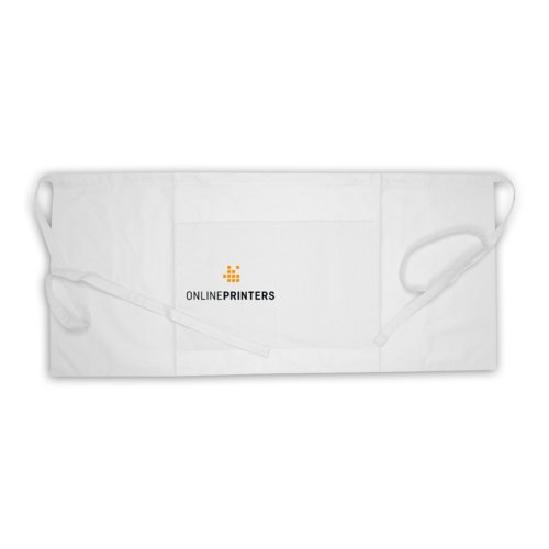 White cotton apron with long tie straps and patch pocket.