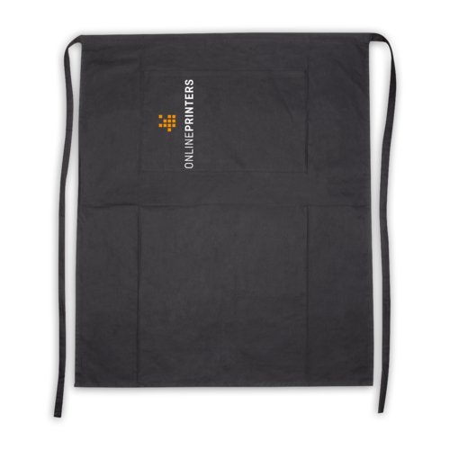 Black cotton apron with neck strap and long ties.