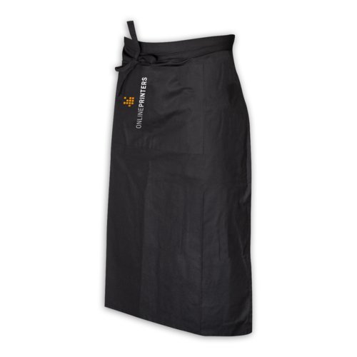 Black cotton apron with long tie straps and a pocket.