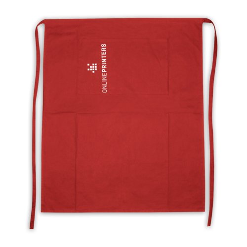 Red cotton apron with neck strap and long ties.