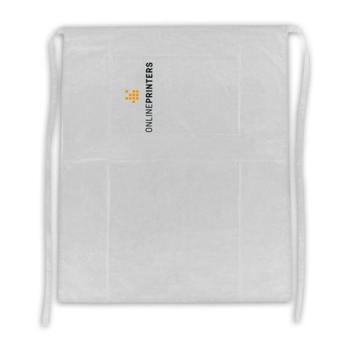 White cotton apron with neck strap and patch pockets.