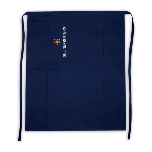 Dark blue cotton apron with long ties and attached pocket.