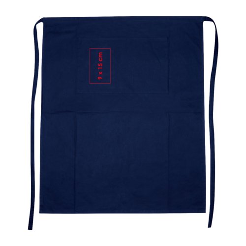 Blue cotton apron with long ties and a patch pocket.