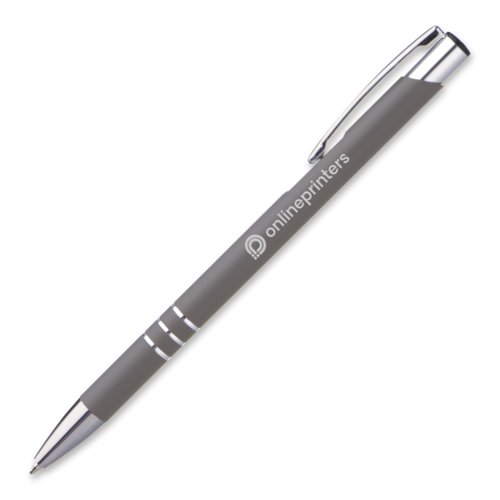 Gray metal ballpoint pen with clip and push button.