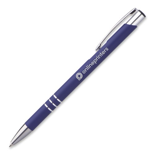 Blue metal ballpoint pen with clip and push button.