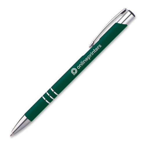 Green metal ballpoint pen with clip and push button.