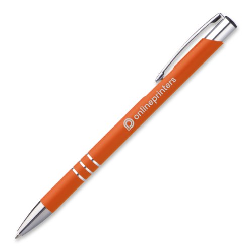 Orange metal ballpoint pen with clip and push mechanism.