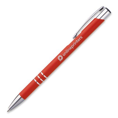 Red metal ballpoint pen with clip and push button.