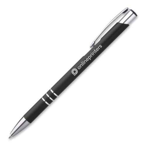 Black metal ballpoint pen with clip and push mechanism.