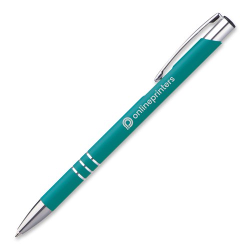 Turquoise metal ballpoint pen with clip and push button.