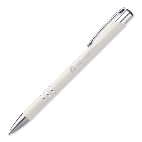 White metal ballpoint pen with clip and push button.