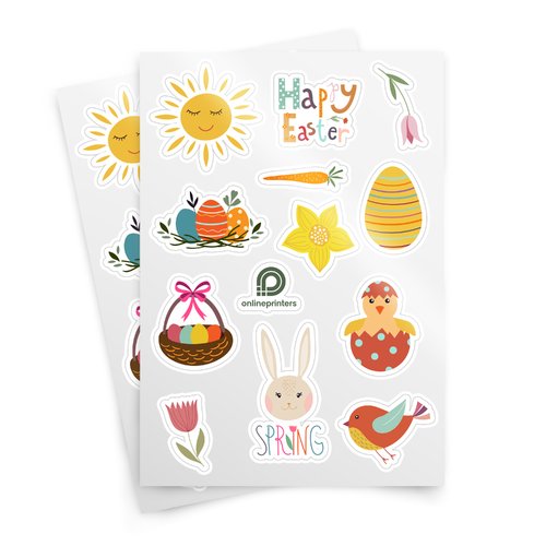 White sticker sheets made of coated paper, A4 format.