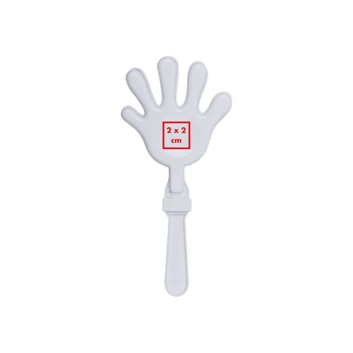 White hand clapper with handle.