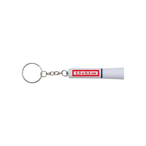 White plastic keychain with LED light and metal ring.