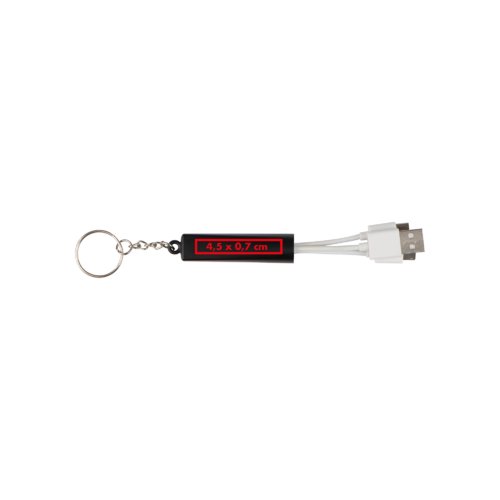 Black USB charging cable with keychain and three different connectors.