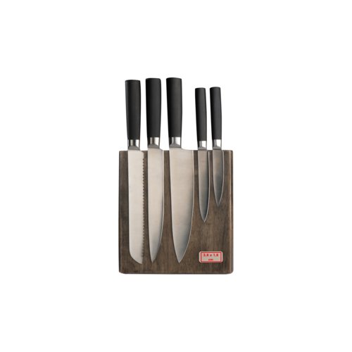 Wooden knife block with six stainless steel knives.