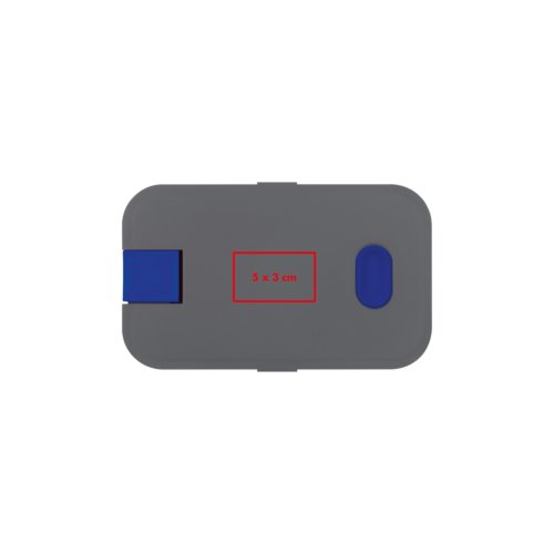 Gray plastic lunchbox with closure.
