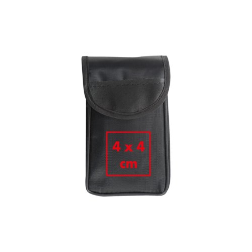 Black fabric bag with velcro fastener.