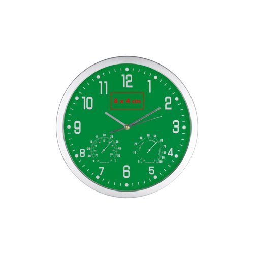Green wall clock with hour, minute, and second hands.
