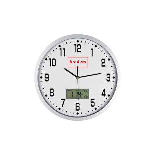Analog wall clock with additional digital display.