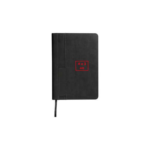 Black notebook with elastic closure and pen loop.