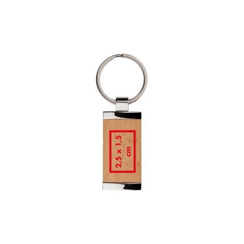 Wooden keychain with metal frame and ring.
