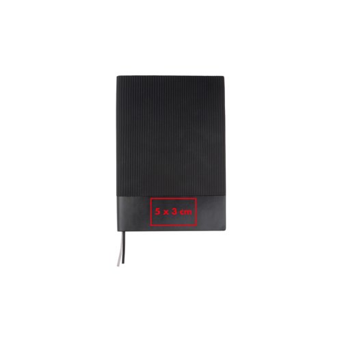 Black notebook with ribbon bookmark.