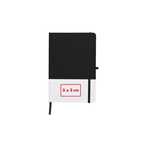 Black notebook with elastic closure and ribbon bookmark.