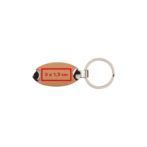 Wooden metal keychain with rounded edges.