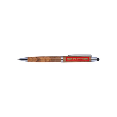 Wooden ballpoint pen with touch function and clip.