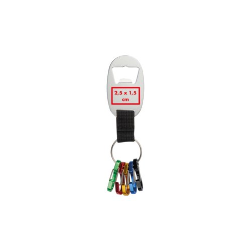 Metal keychain with bottle opener and carabiner hook.