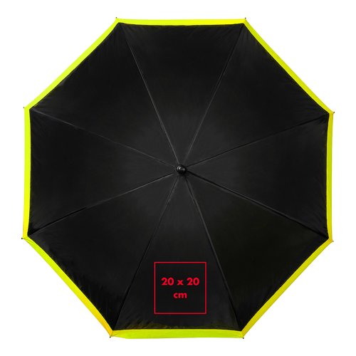 Black umbrella with yellow trim and automatic opening mechanism.